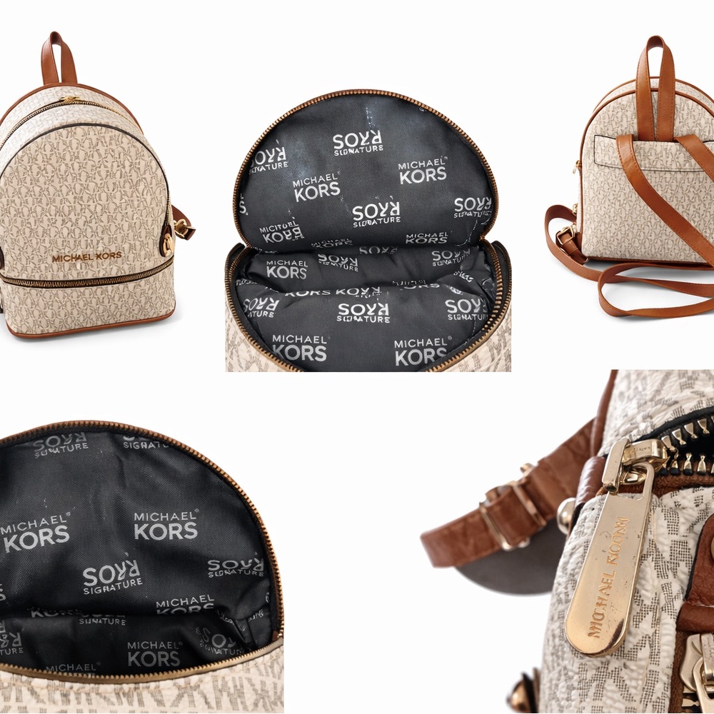 Michael Kors Rhea Vanilla MK Tan and Brown Signature Mini Backpack